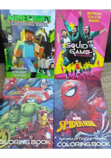 4 Adet Stickerli Boyama Kitabı (Süper Kahramanlar/örümcek Ad./squid Game/minecraft Figürlü)