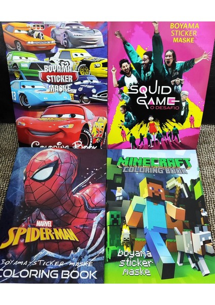 4 Adet Stickerli Boyama Kitabı (Minecraft/arabalar/squid Game/örümcek Ad. Figürlü)