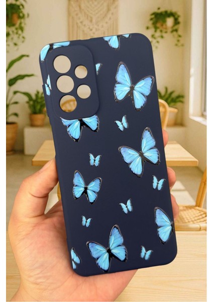 Samsung Galaxy A23 Uyumlu Mavi Kelebek Desenli Silikon Darbe Emici Klasik Korumalı Rubber Kılıf