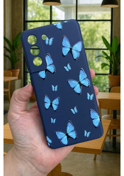 Samsung Galaxy S21 Fe - Mavi Kelebek Desenli Silikon Darbe Emici Klasik Korumalı Rubber Kılıf