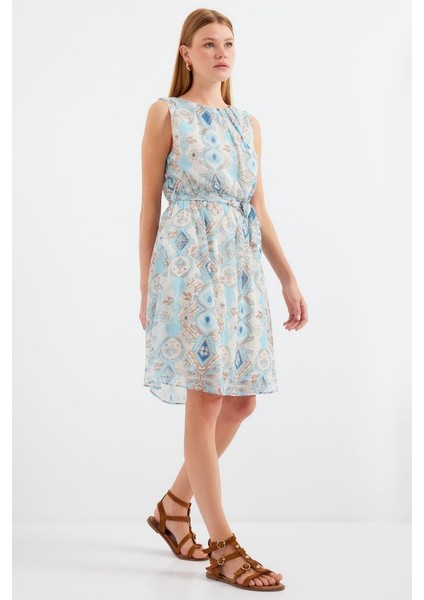 2501 Desenli Sıfır Kol Şifon Elbise - Mavi indirimleri