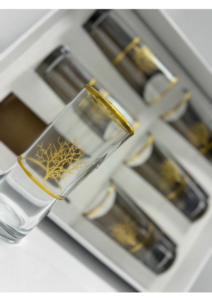 Altın Yaldızlı Yaşam Ağacı Motifli 6’lı Cam Bardak Seti