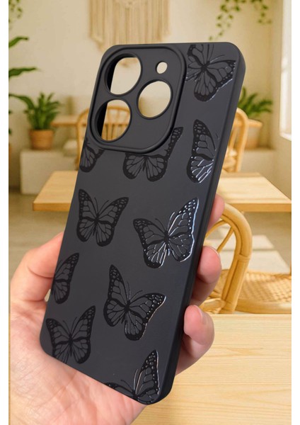 Tecno Spark 10 Pro Uyumlu Siyah Kelebek Desenli Silikon Darbe Emici Rubber Kılıf modelleri