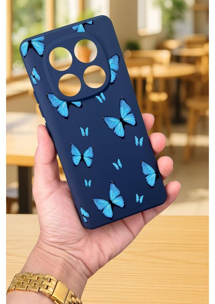 Xiaomi Redmi Note 14 Pro 4g-Mavi Kelebek Desenli Silikon Darbe Emici Klasik Korumalı Rubber Kılıf