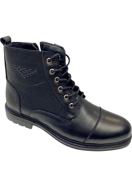 Erkek Postal Bağcıklı ve Fermuarlı Baskılı Deri SİYAH-755-SİYAH