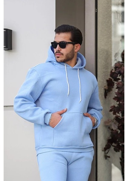 Erkek Rahat Oversize 3 Iplik Pamuklu Şardonlu Kanguru Cep Kapşonlu Sweatshirt