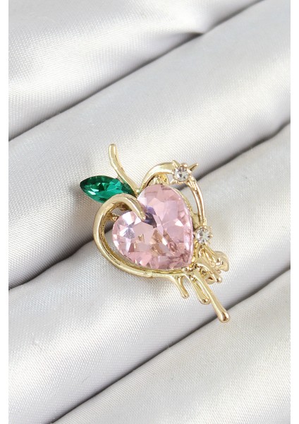 Pembe ve Yeşil Zirkon Taşlı 3D Eriyen Kalp Figürlü Gold Renk Kadın Broş - TJ-BR438