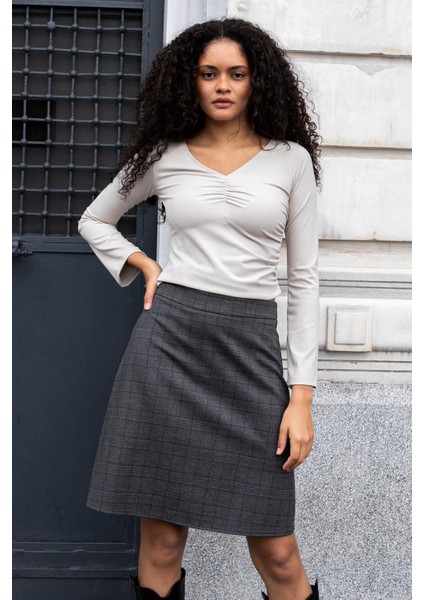 Yüksek Bel Hafif Likralı Kumaş Diz Boy Çan Etek-Antrasit Ekose fiyatları