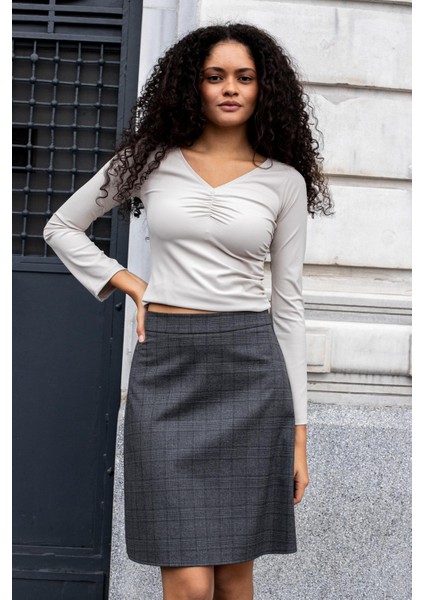 Yüksek Bel Hafif Likralı Kumaş Diz Boy Çan Etek-Antrasit Ekose modelleri