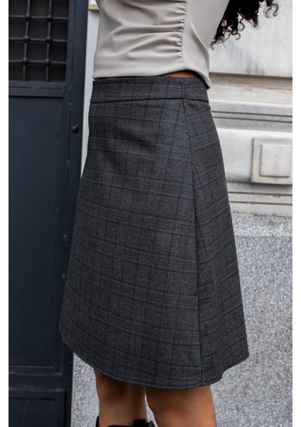 Yüksek Bel Hafif Likralı Kumaş Diz Boy Çan Etek-Antrasit Ekose fırsatları