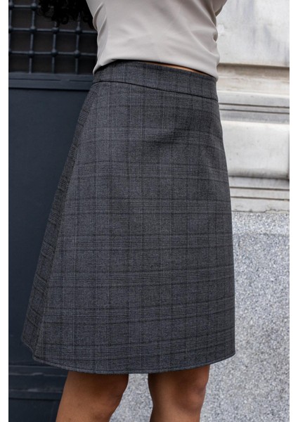 Yüksek Bel Hafif Likralı Kumaş Diz Boy Çan Etek-Antrasit Ekose indirimleri