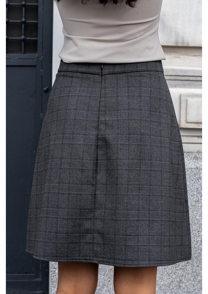 Yüksek Bel Hafif Likralı Kumaş Diz Boy Çan Etek-Antrasit Ekose