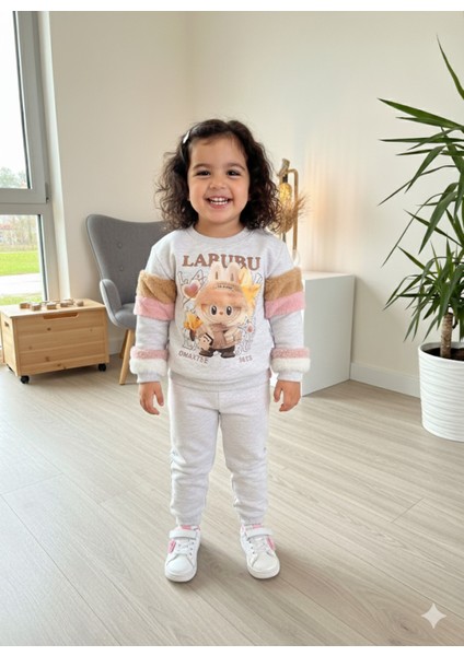 Kız Çocuk Peluş Detaylı Kabartmalı Kalın Takım Cepli %100 Pamuk Labubu