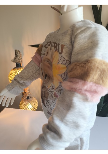 Kız Çocuk Peluş Detaylı Kabartmalı Kalın Takım Cepli %100 Pamuk Labubu