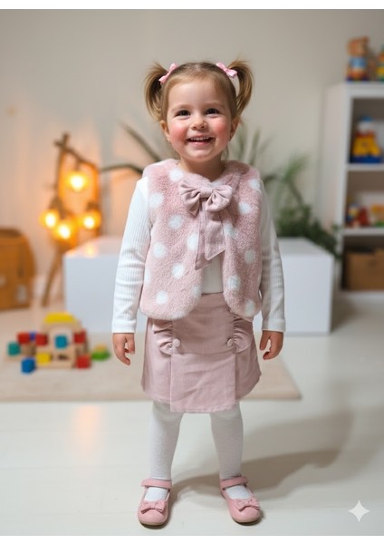 Kız Çocuk Üçlü Takım (Peluşlu Yelek+Pamuklu Bluz+Kaşe Şort Etek) Şık Kışlık Koyu Pembe