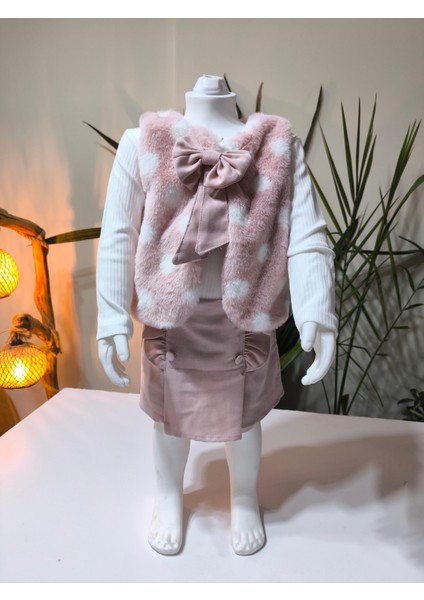 Kız Çocuk Üçlü Takım (Peluşlu Yelek+Pamuklu Bluz+Kaşe Şort Etek) Şık Kışlık Koyu Pembe fiyatları