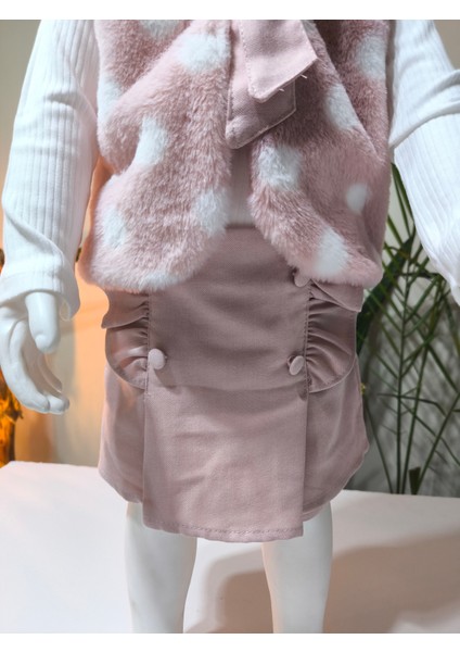 Kız Çocuk Üçlü Takım (Peluşlu Yelek+Pamuklu Bluz+Kaşe Şort Etek) Şık Kışlık Koyu Pembe