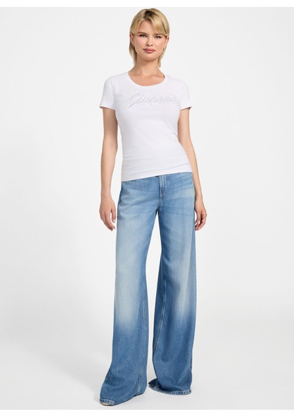 Yuvarlak Yaka Baskılı Beyaz Kadın T-Shirt Embro Kadın Slim Fit T-Shirt