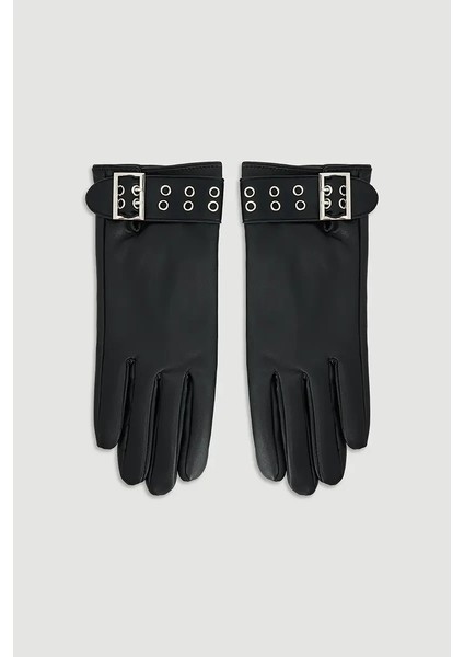 Kemer Detaylı Suni Deri Eldiven - Siyah