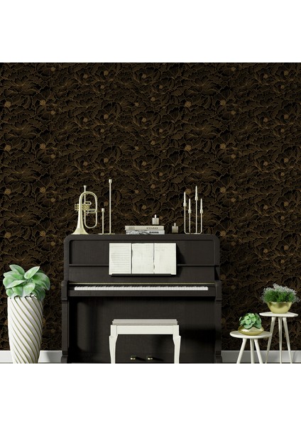 Eskiz Çiçekler Siyah Bronz Motifliduvar Kağıdı -Isı ve Ses Yalıtımı Yırtılmaz