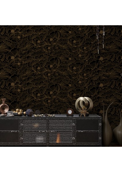 Eskiz Çiçekler Siyah Bronz Motifliduvar Kağıdı -Isı ve Ses Yalıtımı Yırtılmaz fiyatları