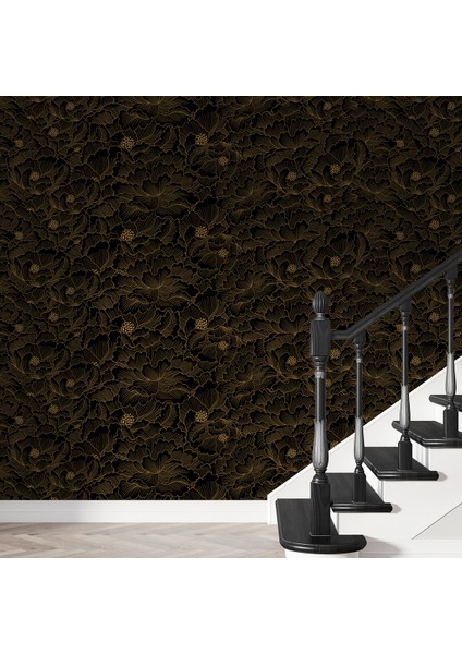 Eskiz Çiçekler Siyah Bronz Motifliduvar Kağıdı -Isı ve Ses Yalıtımı Yırtılmaz fırsatları