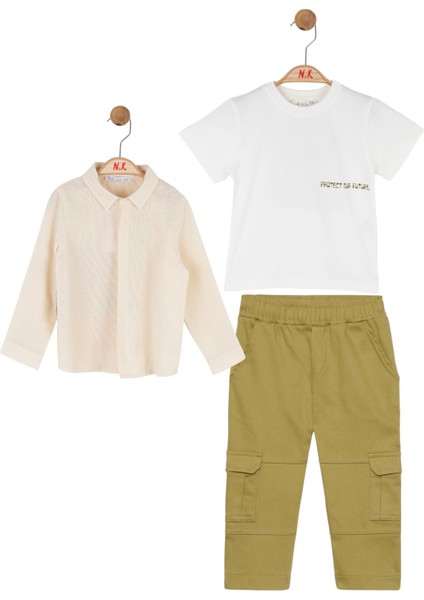 01-04 Yaş Erkek Bebek Krem Yeşil Safari Üçlü Takım - Ekru/yeşil