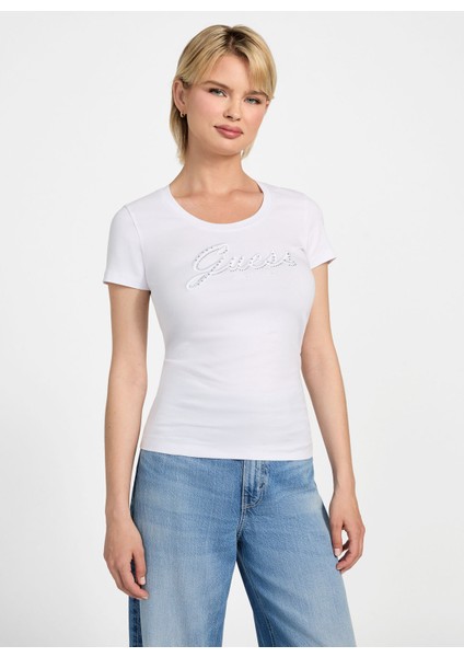 Yuvarlak Yaka Baskılı Beyaz Kadın T-Shirt Embro Kadın Slim Fit T-Shirt fiyatları