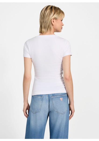 Yuvarlak Yaka Baskılı Beyaz Kadın T-Shirt Embro Kadın Slim Fit T-Shirt fırsatları