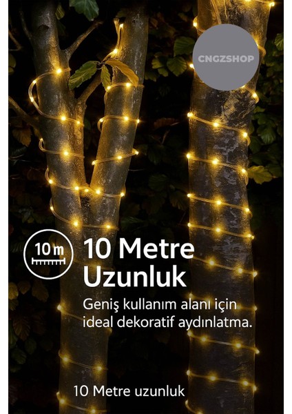 Solar Enerjili Neon LED Işık 10 Metre | Su Geçirmez Sarı Animasyonlu Bahçe, Balkon, Teras ve Ağaç Ay