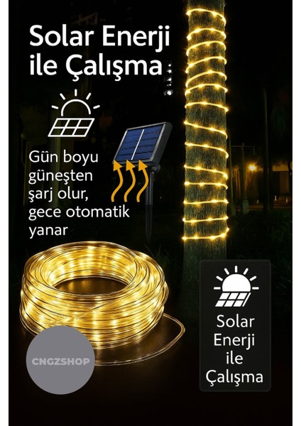 Solar Enerjili Neon LED Işık 10 Metre | Su Geçirmez Sarı Animasyonlu Bahçe, Balkon, Teras ve Ağaç Ay fırsatları