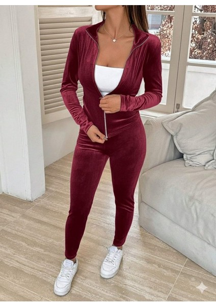 Kadın Uzun Kollu Önden Fermuarlı Kadife Bluz ve Pantolon Ikili Takım modelleri