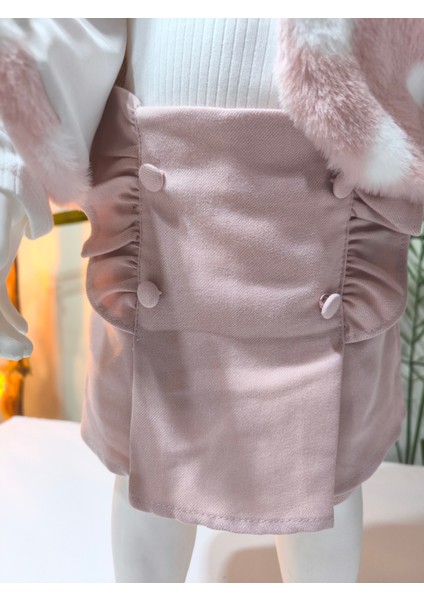 Kız Çocuk Üçlü Takım (Peluşlu Yelek+Pamuklu Bluz+Kaşe Şort Etek) Şık Kışlık Koyu Pembe