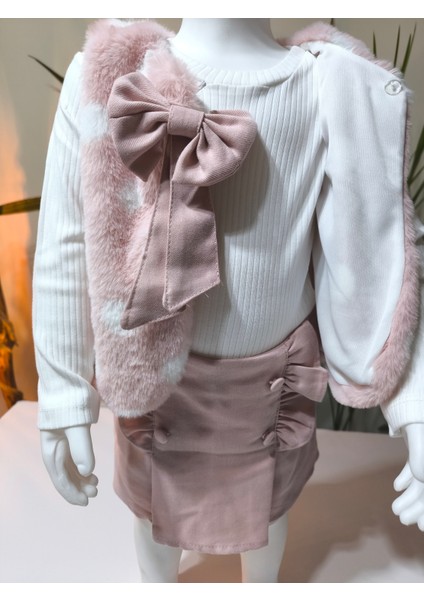 Kız Çocuk Üçlü Takım (Peluşlu Yelek+Pamuklu Bluz+Kaşe Şort Etek) Şık Kışlık Koyu Pembe