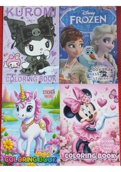 4 Adet Stickerli Boyama Kitabı (Unicorn,elsa',kuromi',minnie Figürlü)