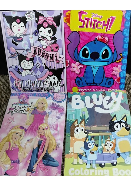 4 Adet Stickerli Boyama Kitabı (Stitch/barbie/bluey/y.kuromi Figürlü)