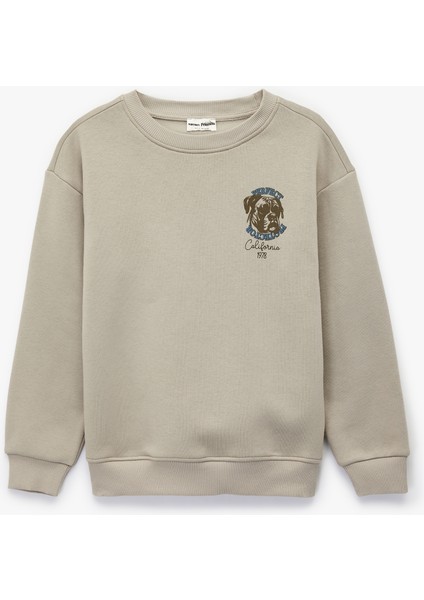 Şardonlu Uzun Kollu Bisiklet Yaka Köpek Baskılı Sweatshirt