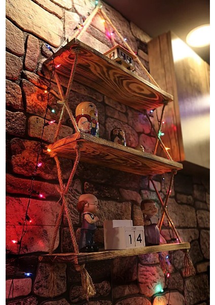 Halatlı Ahşap Duvar Rafı 3 Katlı – Rustik Dekoratif Raf, El Yapımı Jüt Ipli Çam Raf