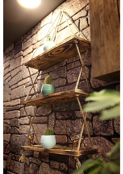 Halatlı Ahşap Duvar Rafı 3 Katlı – Rustik Dekoratif Raf, El Yapımı Jüt Ipli Çam Raf fiyatları