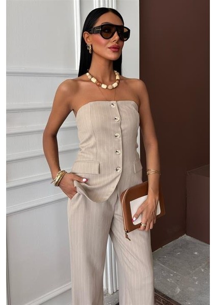 Straplez Büstiyerli Plazzo Pantolonlu Çizgili Takım 10151 fiyatları