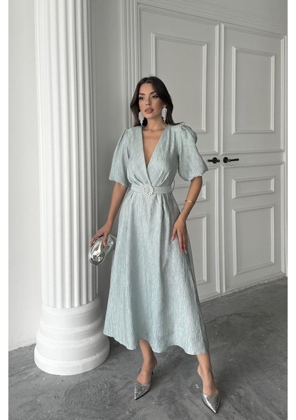 Mint Işıltılı Kemerli Kruvaze Elbise modelleri