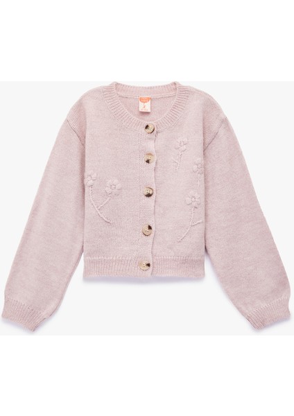 Uzun Kollu Bisiklet Yaka Çiçek Nakış Detaylı Triko Hırka