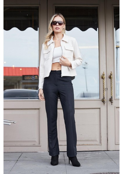 Kadın Diyagonal Yüksek Bel Alman Cepli Boru Paça Pantolon-Siyah