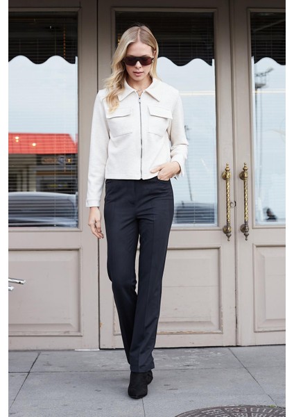 Kadın Diyagonal Yüksek Bel Alman Cepli Boru Paça Pantolon-Siyah fiyatları