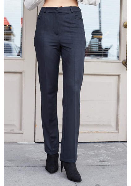 Kadın Diyagonal Yüksek Bel Alman Cepli Boru Paça Pantolon-Siyah modelleri