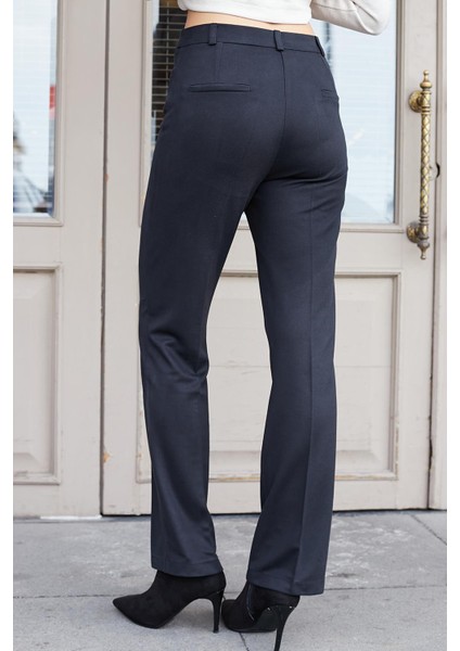 Kadın Diyagonal Yüksek Bel Alman Cepli Boru Paça Pantolon-Siyah indirimleri