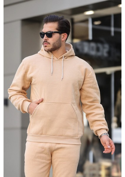 Erkek Rahat Oversize 3 Iplik Pamuklu Şardonlu Kanguru Cep Kapşonlu Sweatshirt