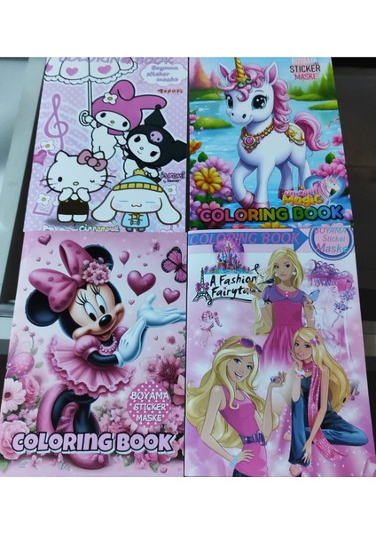 4 Adet Stickerli Boyama Kitabı (Hello Kitty,barbie,minnie,unicorn Figürlü
