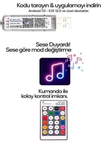 Su Geçirmez LED Şerit Işık Rgb Çok Renkli Sese Müziğe Duyarlı Kumandalı LED Aydınlatma