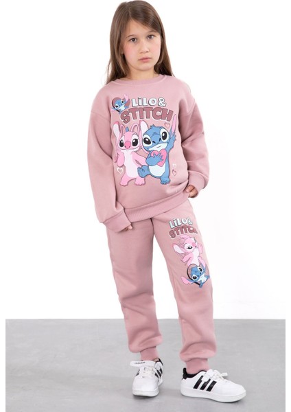 Gül Kurusu Sevimli Simli Karakter Baskı Şardonlu Kız Çocuk Eşofman Takım 23296